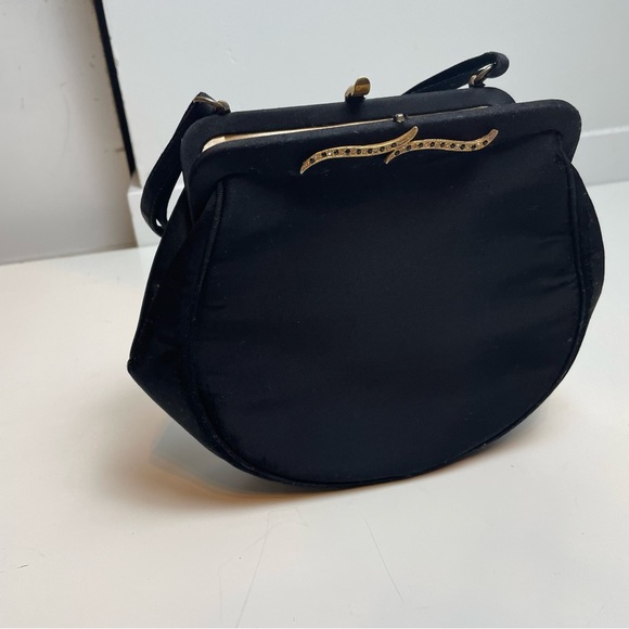VINTAGE AFTER FIVE BY LAND M BLACK EVENING BAG PURSE Black Satin Diamond - Picture 7 of 9